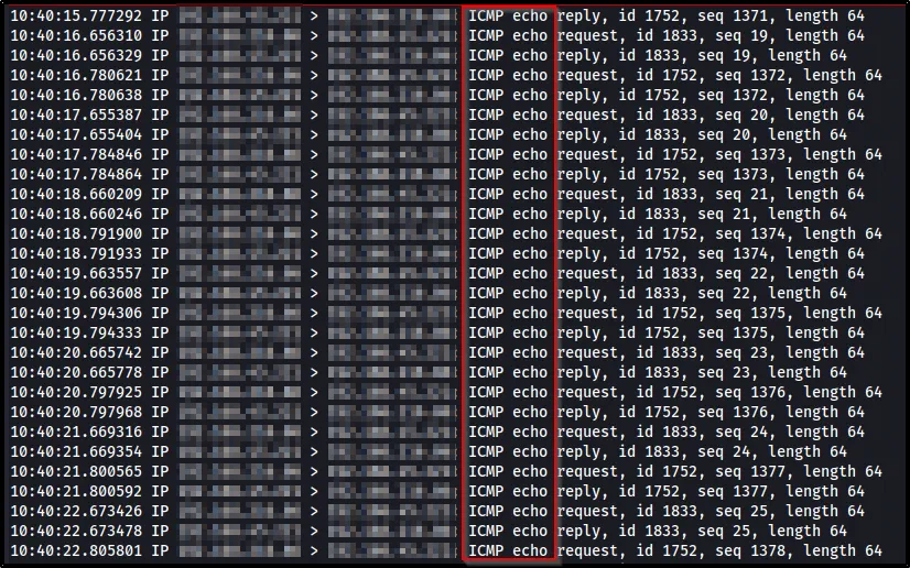 tcpdump showing a continuous stream of ICMP echo requests from the target after the injected ping