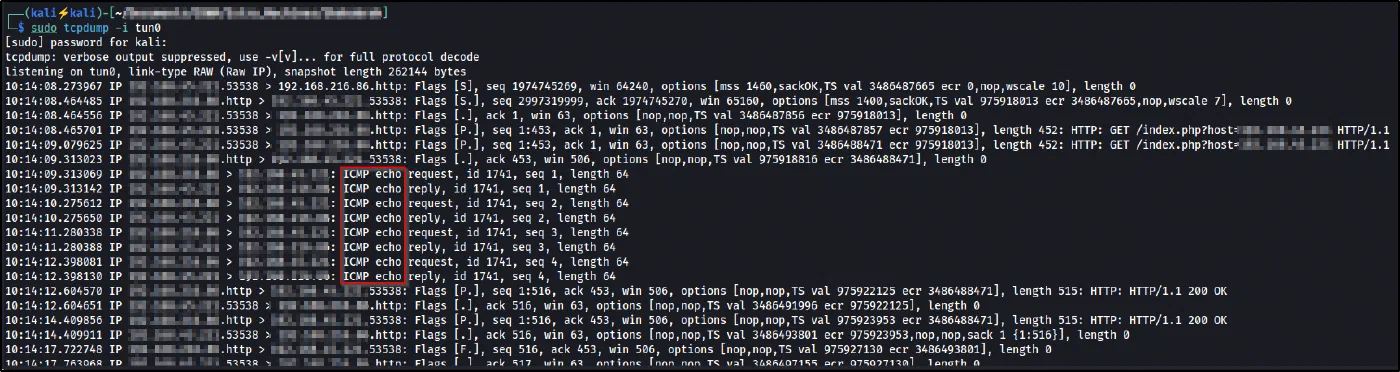 ifconfig showing tun0 and tcpdump capturing ICMP echo requests from the target